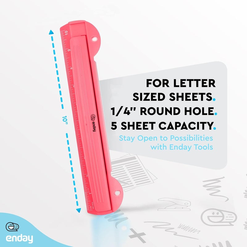 Enday 3 Hole Punch Pink, Portable Hole Puncher for 3 Ring Binder, 3 Sheets Capacity, Removable Chip Tray, 10” Ruler for School, Office, Also Available in Purple, Blue, Green, Red, Grey, 1 Pc-by - Image 5